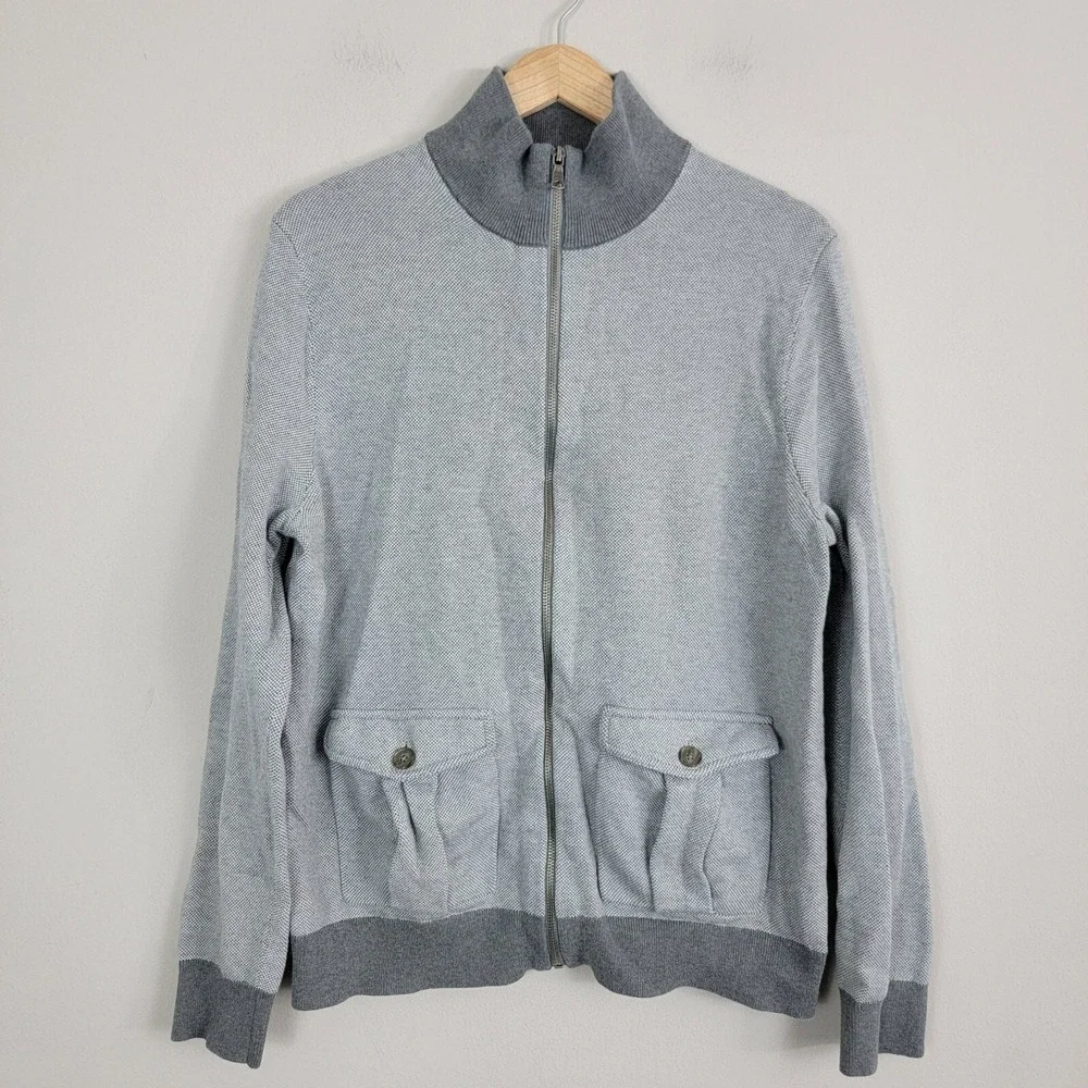 Banana Republic Sweater Men Size L Gray Full Zip Mock Pockets Cotton Long Sleeve